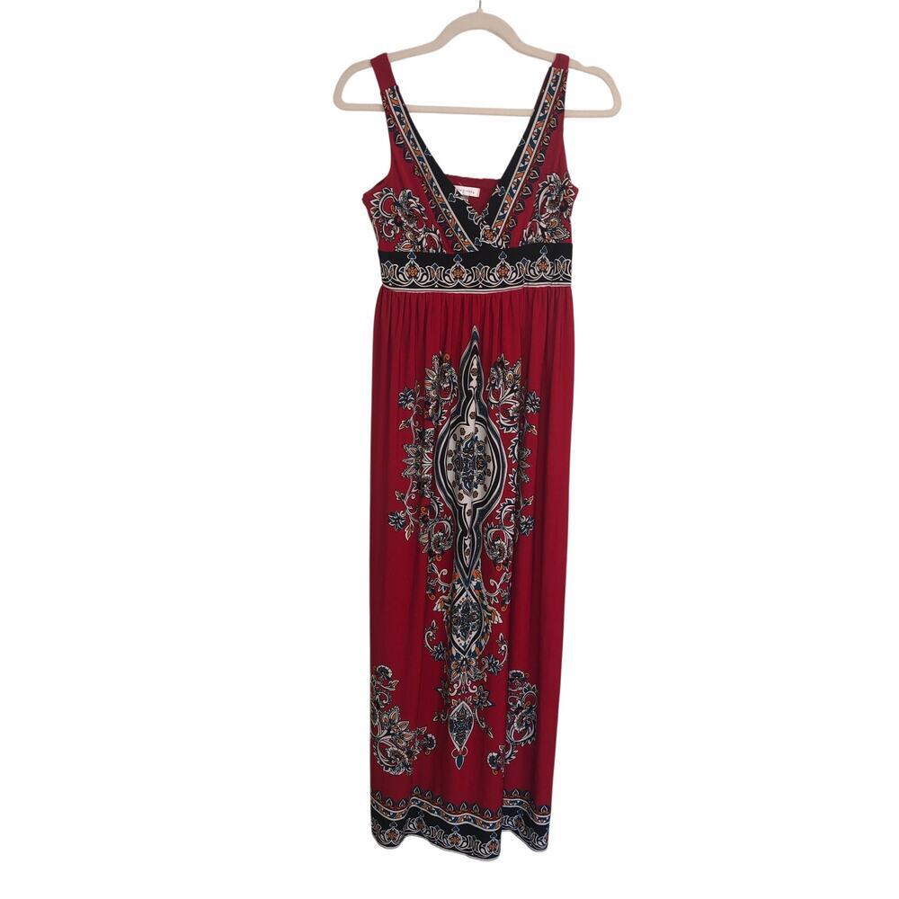 Red Maxi Dress Size 6 Black White Baroque Pattern Sleeveless London Times Slinky